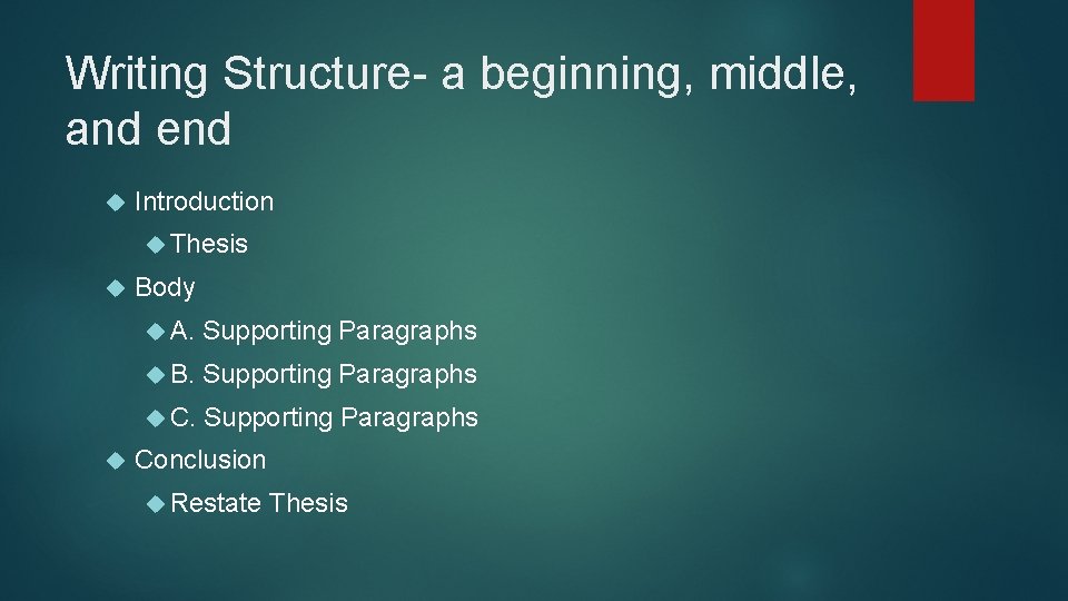 Writing Structure- a beginning, middle, and end Introduction Thesis Body A. Supporting Paragraphs B.