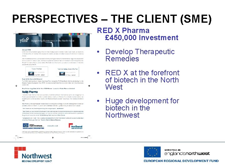 PERSPECTIVES – THE CLIENT (SME) RED X Pharma £ 450, 000 Investment • Develop