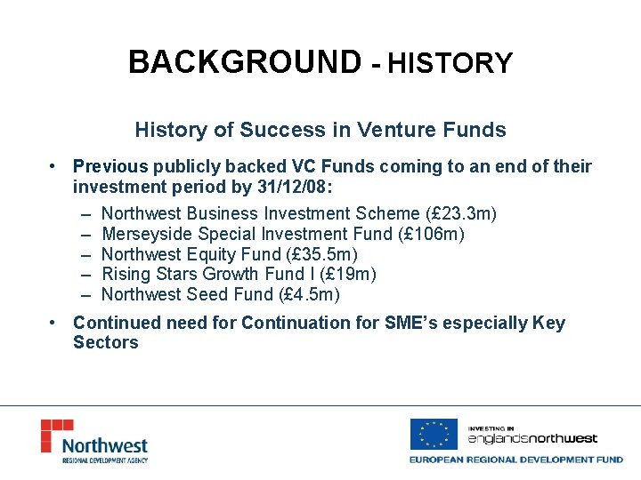 BACKGROUND - HISTORY History of Success in Venture Funds • Previous publicly backed VC