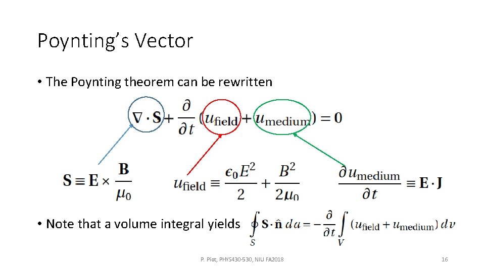 Poynting’s Vector • The Poynting theorem can be rewritten • Note that a volume