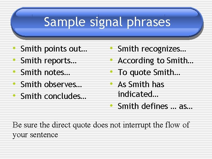 Sample signal phrases • • • Smith Smith points out… reports… notes… observes… concludes…