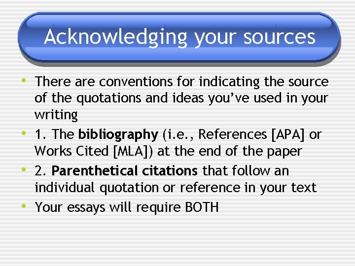 Acknowledging your sources • There are conventions for indicating the source • • •