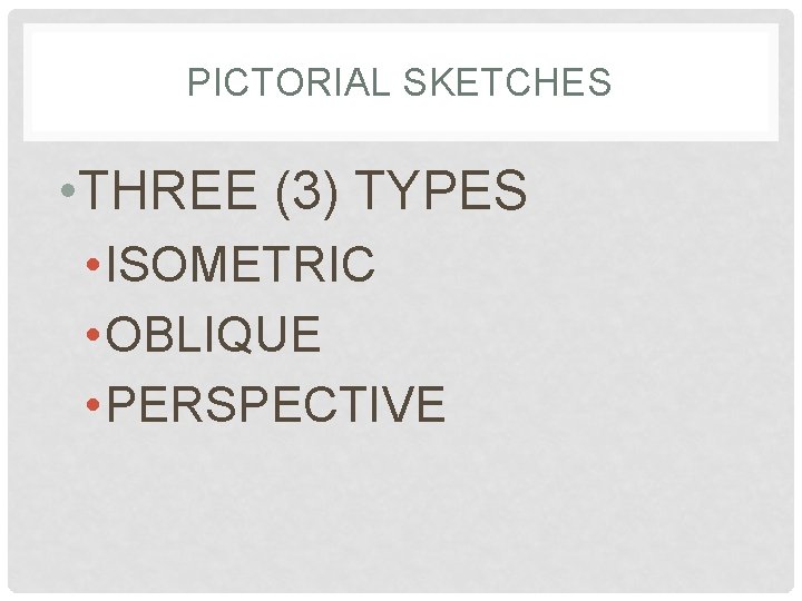 PICTORIAL SKETCHES • THREE (3) TYPES • ISOMETRIC • OBLIQUE • PERSPECTIVE 