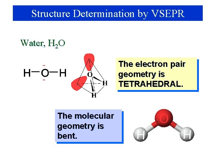Structure Determination by VSEPR Water, H 2 O The electron pair geometry is TETRAHEDRAL.
