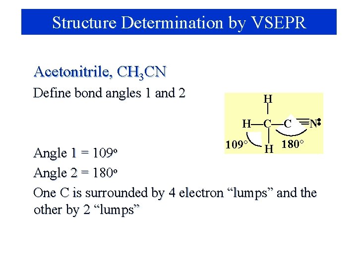 Structure Determination by VSEPR Acetonitrile, CH 3 CN Define bond angles 1 and 2