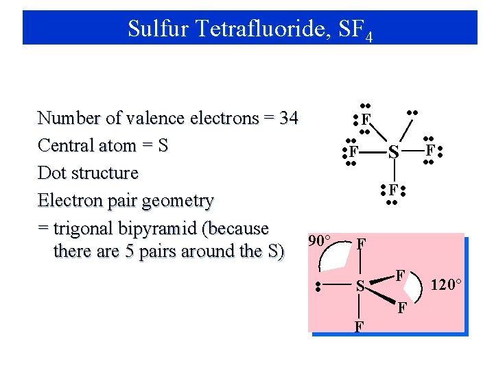 Sulfur Tetrafluoride, SF 4 Number of valence electrons = 34 Central atom = S