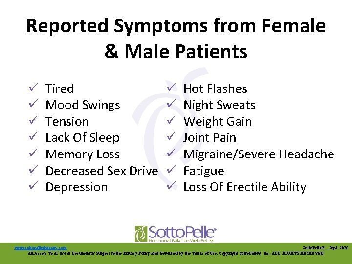Reported Symptoms from Female & Male Patients ü ü ü ü Tired Mood Swings
