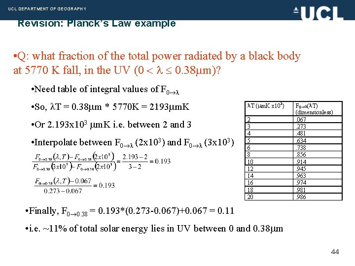 UCL DEPARTMENT OF GEOGRAPHY Revision: Planck’s Law example • Q: what fraction of the