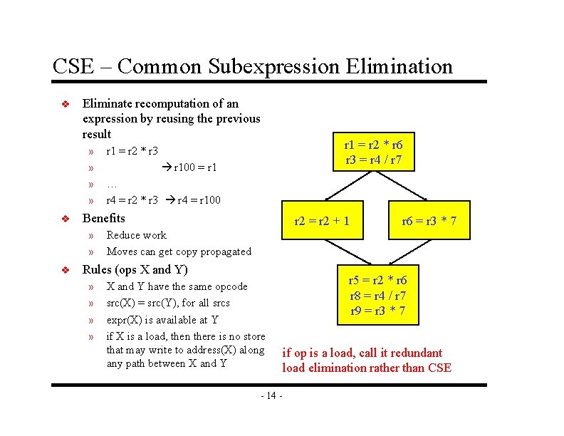 CSE – Common Subexpression Elimination v Eliminate recomputation of an expression by reusing the
