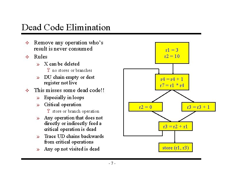 Dead Code Elimination v v Remove any operation who’s result is never consumed Rules