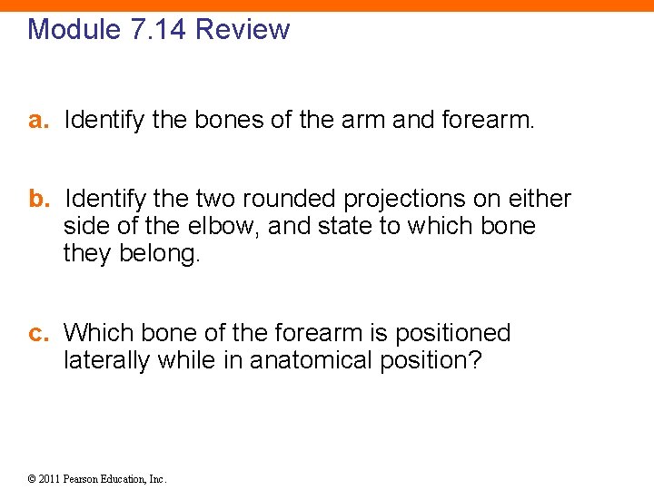 Module 7. 14 Review a. Identify the bones of the arm and forearm. b.