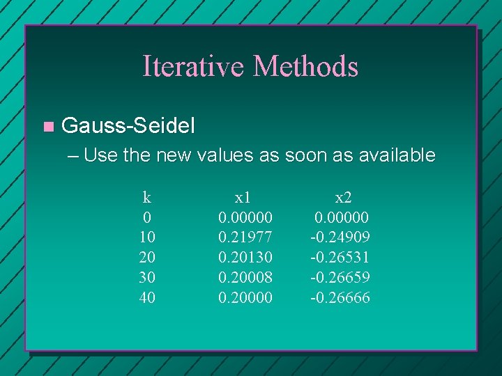 Iterative Methods n Gauss-Seidel – Use the new values as soon as available k Iterative Methods n Gauss-Seidel – Use the new values as soon as available k