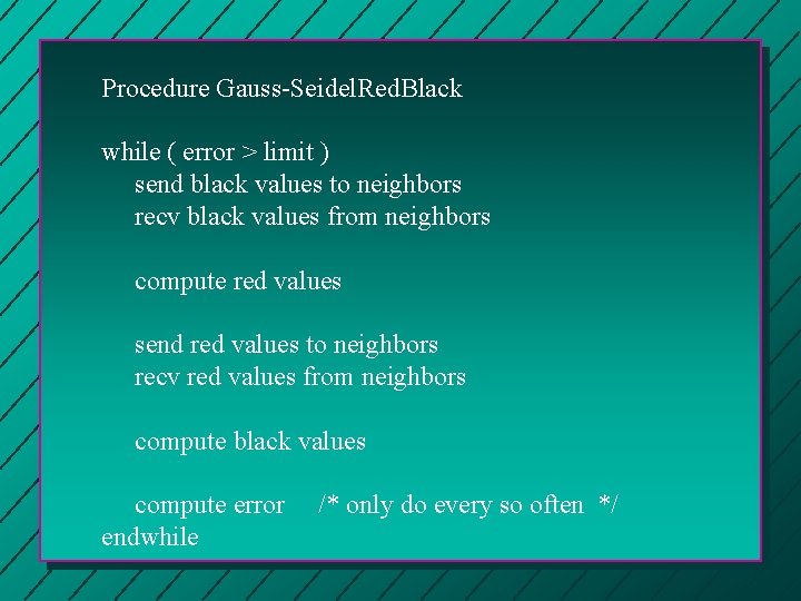 Procedure Gauss-Seidel. Red. Black while ( error > limit ) send black values to Procedure Gauss-Seidel. Red. Black while ( error > limit ) send black values to