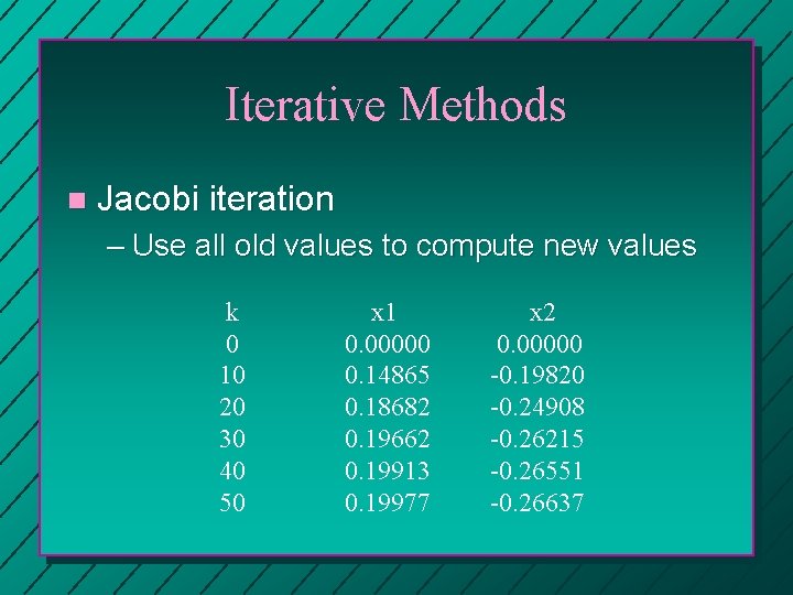 Iterative Methods n Jacobi iteration – Use all old values to compute new values Iterative Methods n Jacobi iteration – Use all old values to compute new values