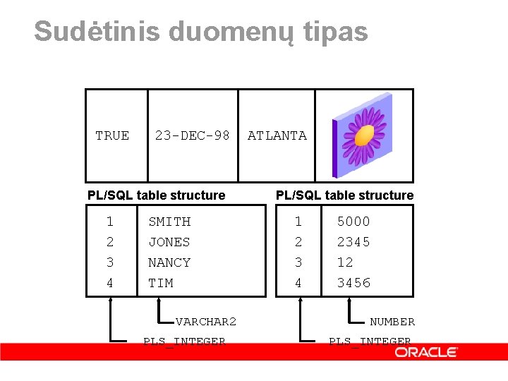 Sudėtinis duomenų tipas TRUE 23 -DEC-98 PL/SQL table structure 1 2 3 4 SMITH