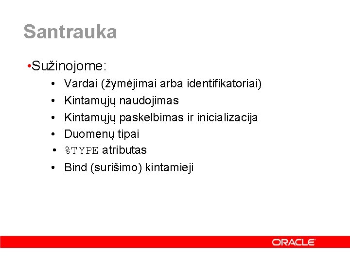 Santrauka • Sužinojome: • • • Vardai (žymėjimai arba identifikatoriai) Kintamųjų naudojimas Kintamųjų paskelbimas