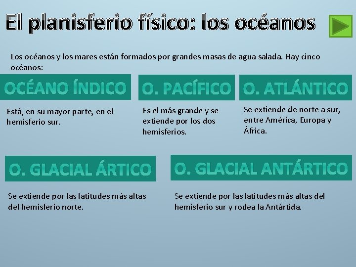 El planisferio físico: los océanos Los océanos y los mares están formados por grandes El planisferio físico: los océanos Los océanos y los mares están formados por grandes