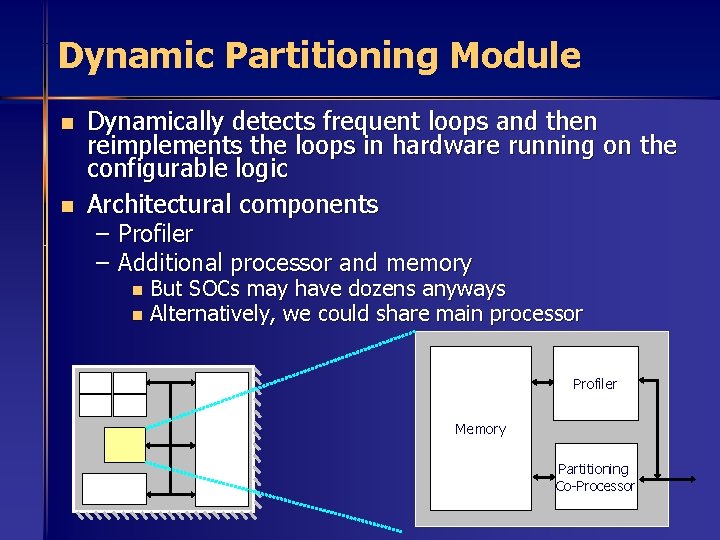 Dynamic Partitioning Module n n Dynamically detects frequent loops and then reimplements the loops
