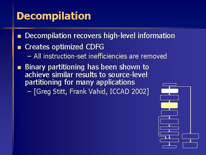 Decompilation n n Decompilation recovers high-level information Creates optimized CDFG – All instruction-set inefficiencies