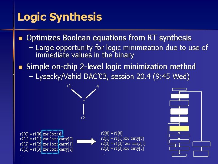 Logic Synthesis n Optimizes Boolean equations from RT synthesis – Large opportunity for logic
