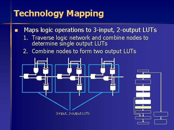 Technology Mapping n Maps logic operations to 3 -input, 2 -output LUTs 1. Traverse