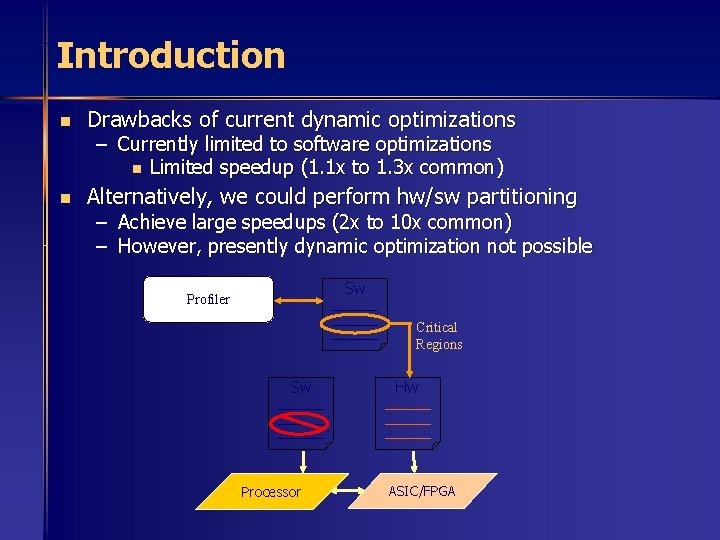 Introduction n Drawbacks of current dynamic optimizations n Alternatively, we could perform hw/sw partitioning