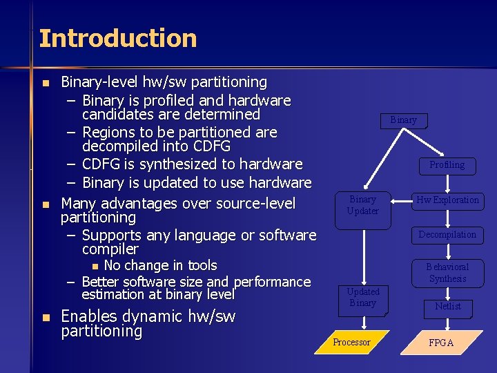 Introduction n n Binary-level hw/sw partitioning – Binary is profiled and hardware candidates are