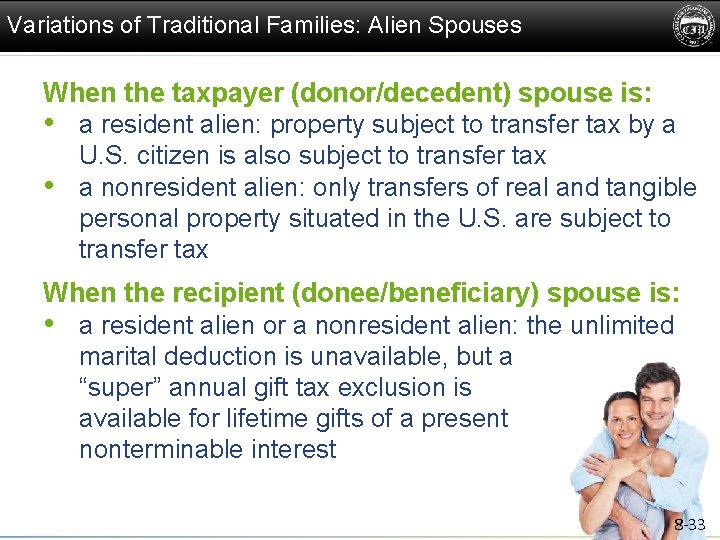 Variations of Traditional Families: Alien Spouses When the taxpayer (donor/decedent) spouse is: • a