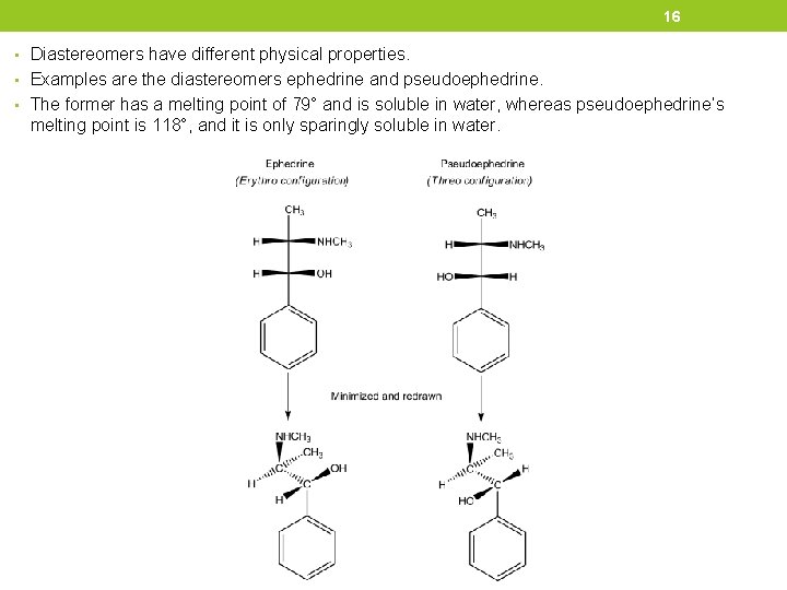 16 • Diastereomers have different physical properties. • Examples are the diastereomers ephedrine and
