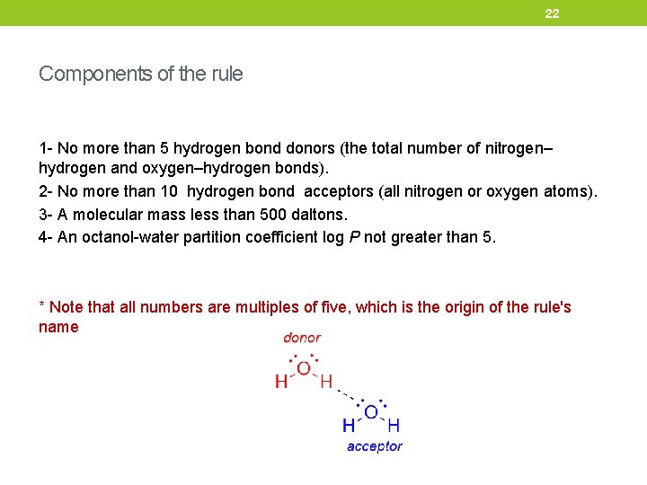 22 Components of the rule 1 - No more than 5 hydrogen bond donors