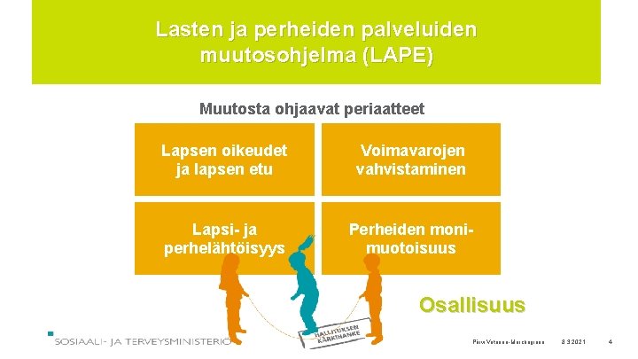 Lasten ja perheiden palveluiden muutosohjelma (LAPE) Muutosta ohjaavat periaatteet Lapsen oikeudet ja lapsen etu