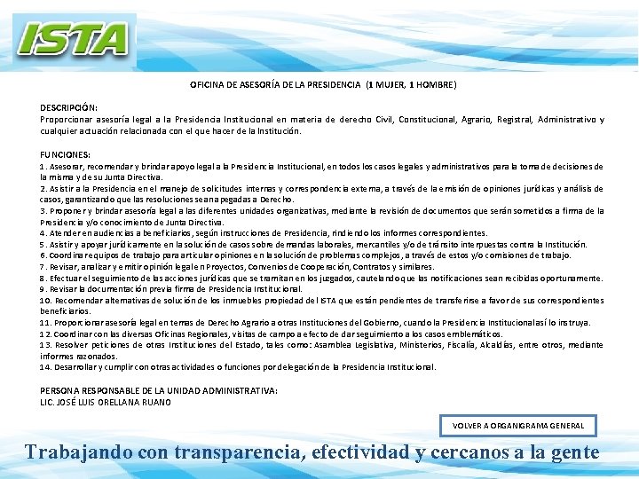 OFICINA DE ASESORÍA DE LA PRESIDENCIA (1 MUJER, 1 HOMBRE) DESCRIPCIÓN: Proporcionar asesoría legal