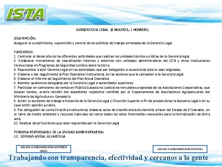 SUBGERENCIA LEGAL (3 MUJERES, 1 HOMBRE) DESCRIPCIÓN: Asegurar el cumplimiento, supervisión y control de