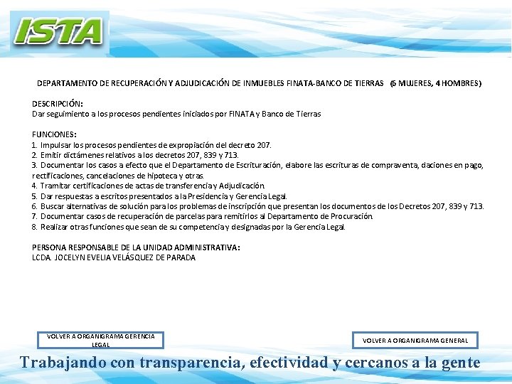 DEPARTAMENTO DE RECUPERACIÓN Y ADJUDICACIÓN DE INMUEBLES FINATA-BANCO DE TIERRAS (6 MUJERES, 4 HOMBRES)