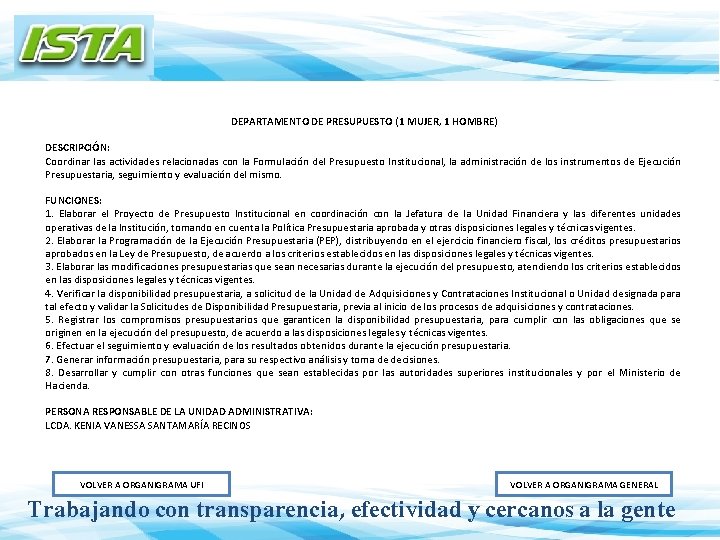 DEPARTAMENTO DE PRESUPUESTO (1 MUJER, 1 HOMBRE) DESCRIPCIÓN: Coordinar las actividades relacionadas con la