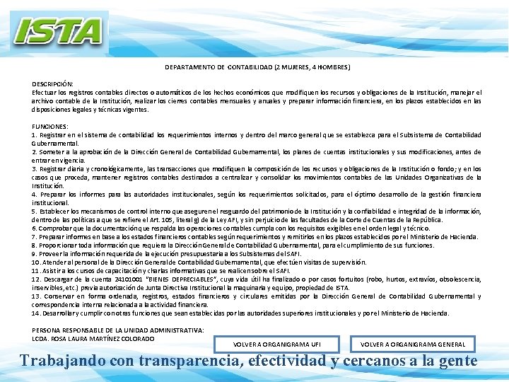 DEPARTAMENTO DE CONTABILIDAD (2 MUJERES, 4 HOMBRES) DESCRIPCIÓN: Efectuar los registros contables directos o