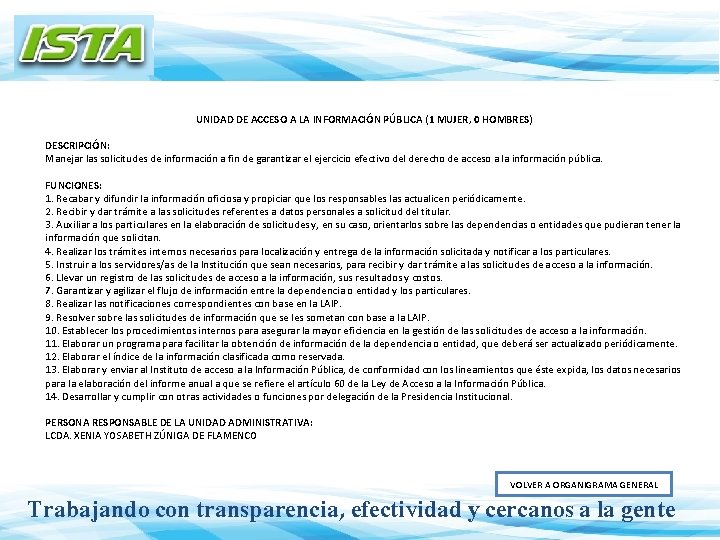 UNIDAD DE ACCESO A LA INFORMACIÓN PÚBLICA (1 MUJER, 0 HOMBRES) DESCRIPCIÓN: Manejar las