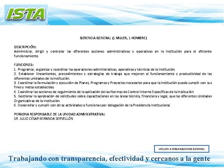 GERENCIA GENERAL (1 MUJER, 1 HOMBRE) DESCRIPCIÓN: Administrar, dirigir y controlar las diferentes acciones