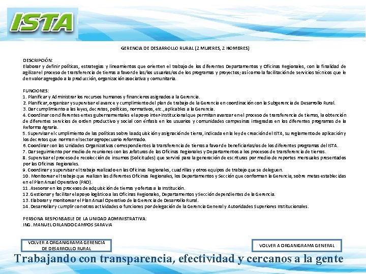 GERENCIA DE DESARROLLO RURAL (2 MUJERES, 2 HOMBRES) DESCRIPCIÓN: Elaborar y definir políticas, estrategias