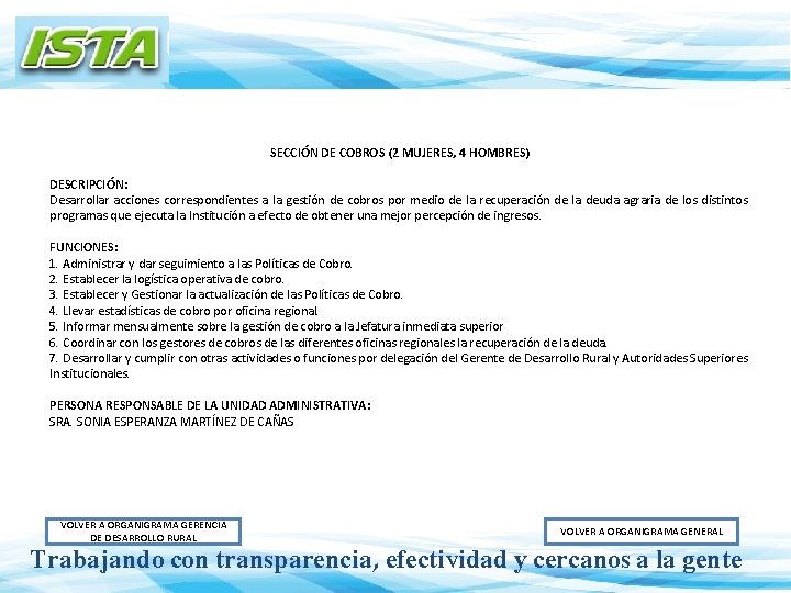 SECCIÓN DE COBROS (2 MUJERES, 4 HOMBRES) DESCRIPCIÓN: Desarrollar acciones correspondientes a la gestión