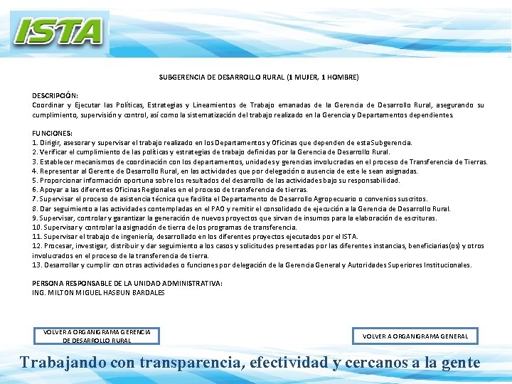 SUBGERENCIA DE DESARROLLO RURAL (1 MUJER, 1 HOMBRE) DESCRIPCIÓN: Coordinar y Ejecutar las Políticas,