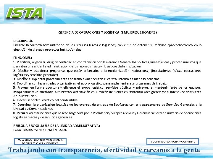 GERENCIA DE OPERACIONES Y LOGÍSTICA (2 MUJERES, 1 HOMBRE) DESCRIPCIÓN: Facilitar la correcta administración