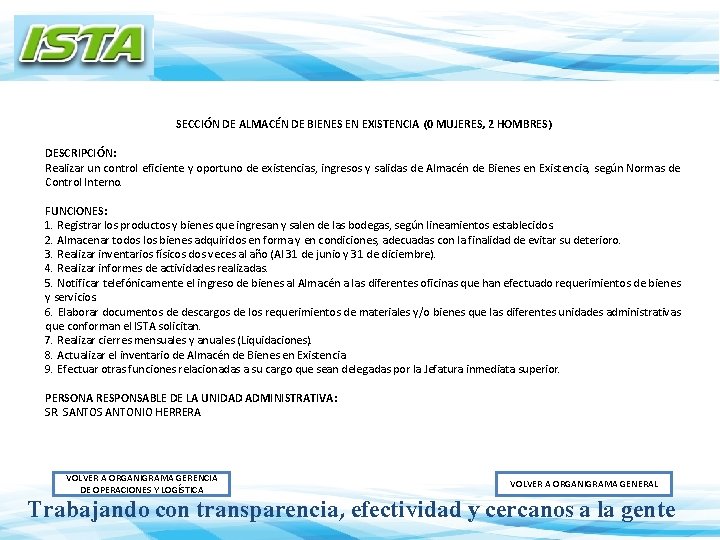 SECCIÓN DE ALMACÉN DE BIENES EN EXISTENCIA (0 MUJERES, 2 HOMBRES) DESCRIPCIÓN: Realizar un