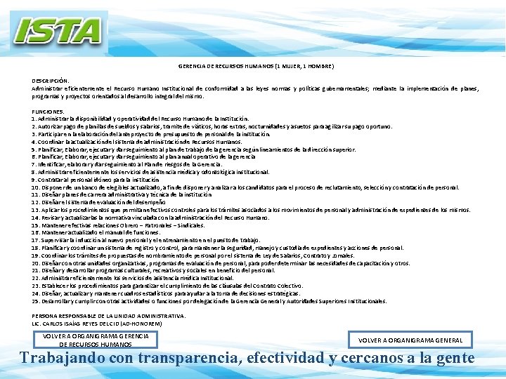 GERENCIA DE RECURSOS HUMANOS (1 MUJER, 1 HOMBRE) DESCRIPCIÓN: Administrar eficientemente el Recurso Humano