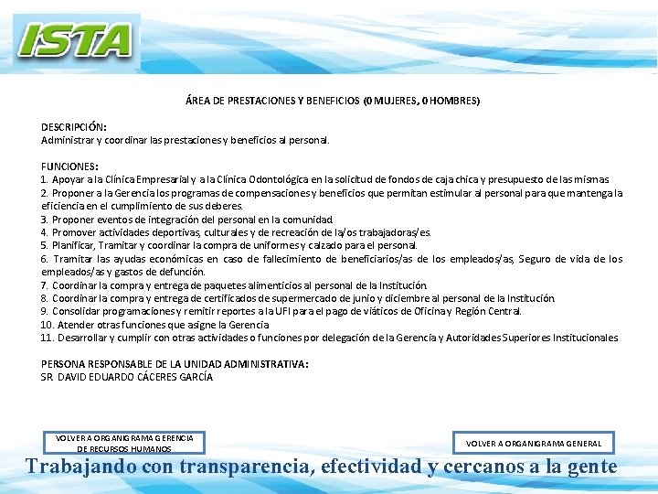 ÁREA DE PRESTACIONES Y BENEFICIOS (0 MUJERES, 0 HOMBRES) DESCRIPCIÓN: Administrar y coordinar las