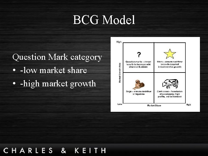 BCG Model Question Mark category • -low market share • -high market growth 