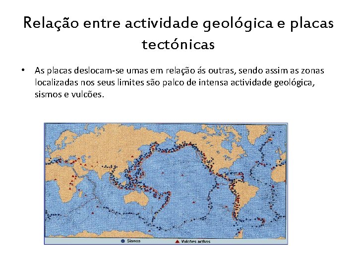 Relação entre actividade geológica e placas tectónicas • As placas deslocam-se umas em relação