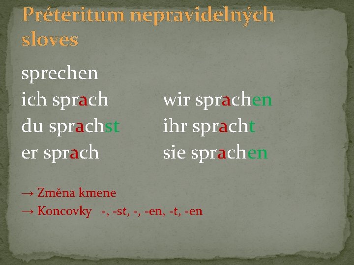 Préteritum nepravidelných sloves sprechen ich sprach du sprachst er sprach wir sprachen ihr spracht Préteritum nepravidelných sloves sprechen ich sprach du sprachst er sprach wir sprachen ihr spracht