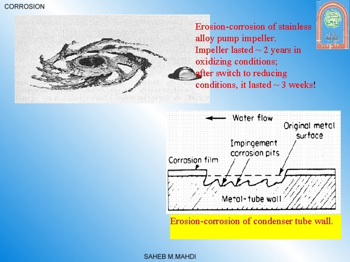 Erosion-corrosion of stainless alloy pump impeller. Impeller lasted ~ 2 years in oxidizing conditions;