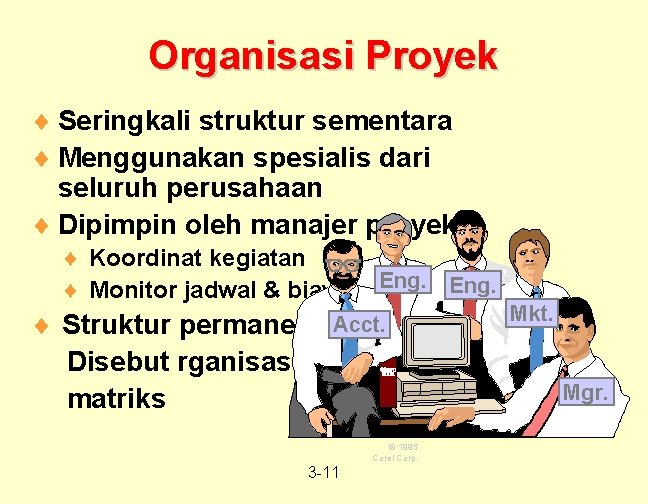 Organisasi Proyek ¨ Seringkali struktur sementara ¨ Menggunakan spesialis dari seluruh perusahaan ¨ Dipimpin